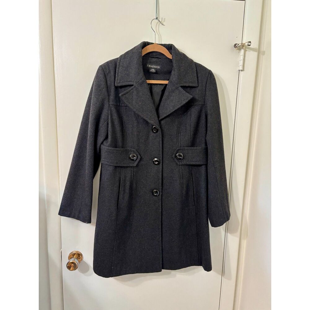 1 MADISON - Women's Black Wool Blend Pea Coat Style Car Coat Size Large